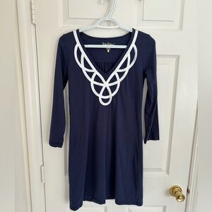 Lilly Pulitzer Navy Blaire Embroidered Pima Cotton 3/4 Sleeve V Neck Dress